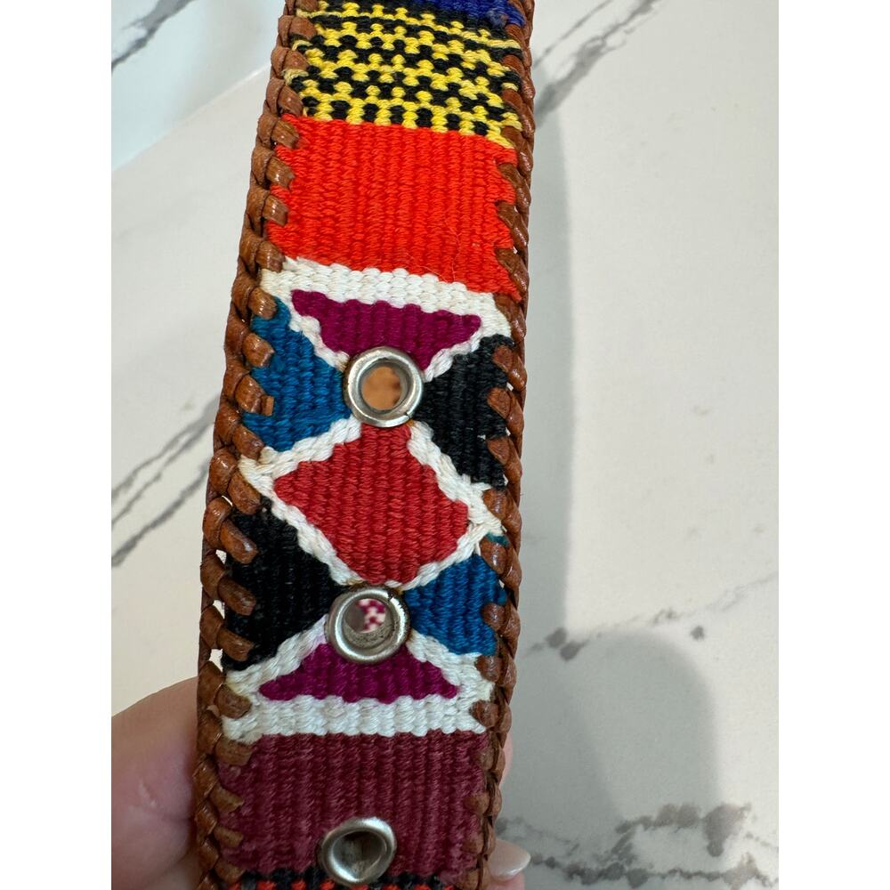 Multicolor Patterned Belt With Brown Leather Acce… - image 3